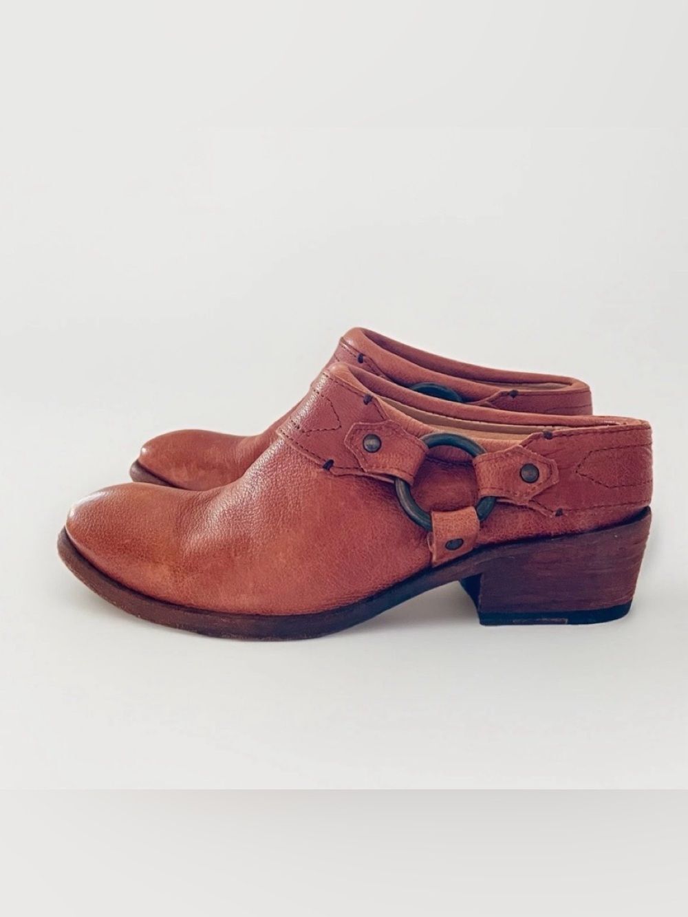Vintage Frye Harness Mules Carson Belted Harness Clogs in red
